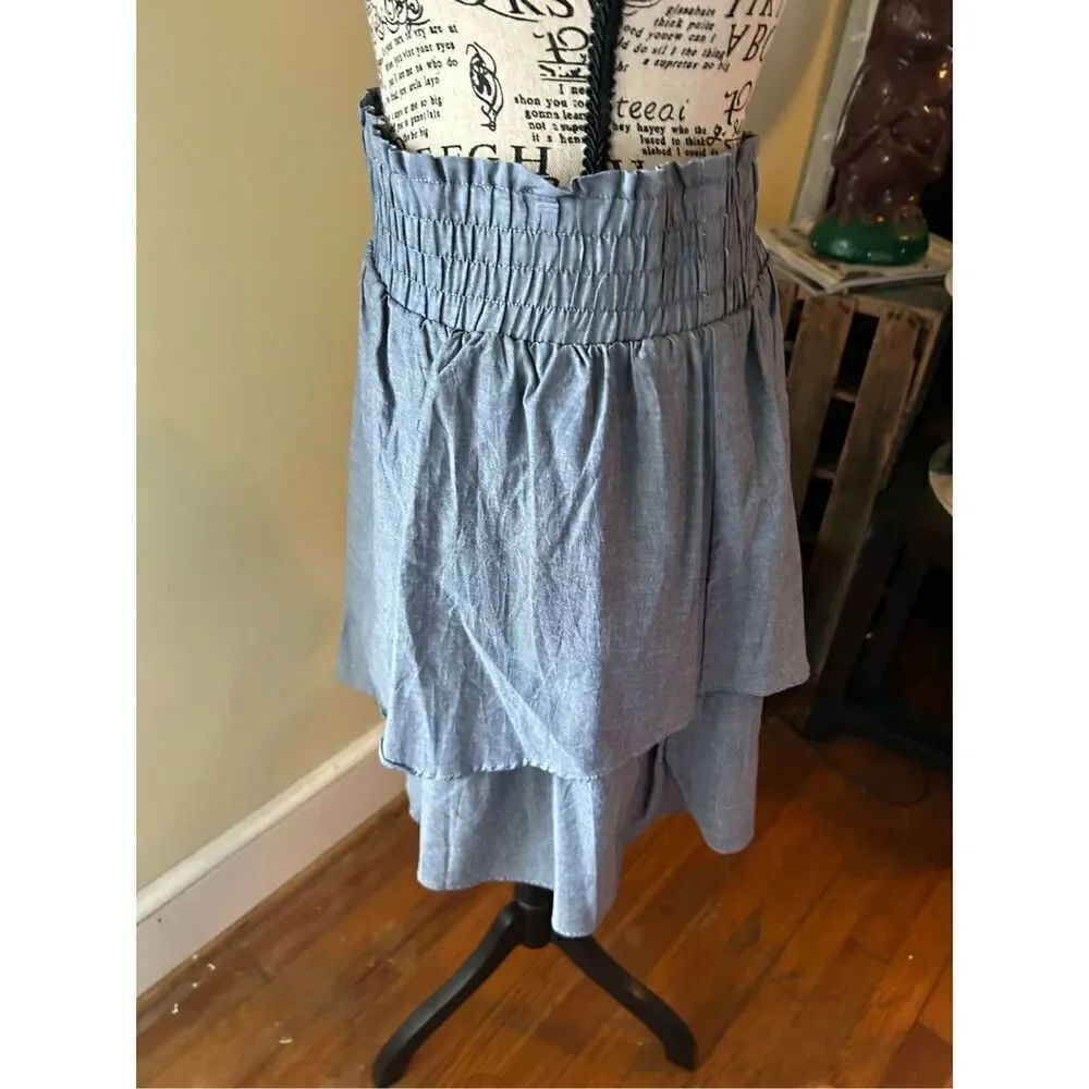 GARNET HILL Skirt Blue Chambray Mini Tier Ruffles